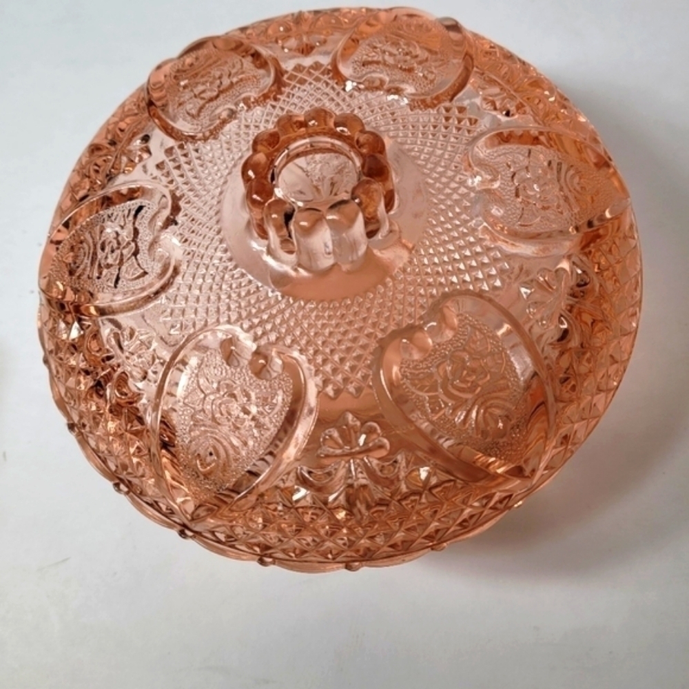 Vintage Glass KIG Indonesian Glass Candy Dish Pink Hearts Pattern - Picture 2 of 12